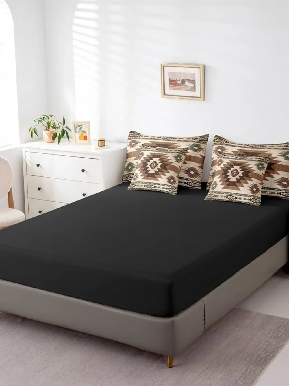 7 Pcs Bohemian Tribal King Bedding Set Wooden Retro Grid Stripes Rustic Comforte